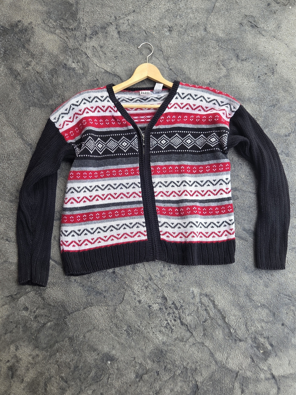 Striped Fair Isle V-Neck Cardigan in Black and Red Size Large